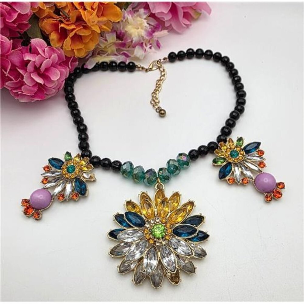 Gold Tone Floral Bib Necklace Multicolor Crystal Statement 19" Beaded Chain